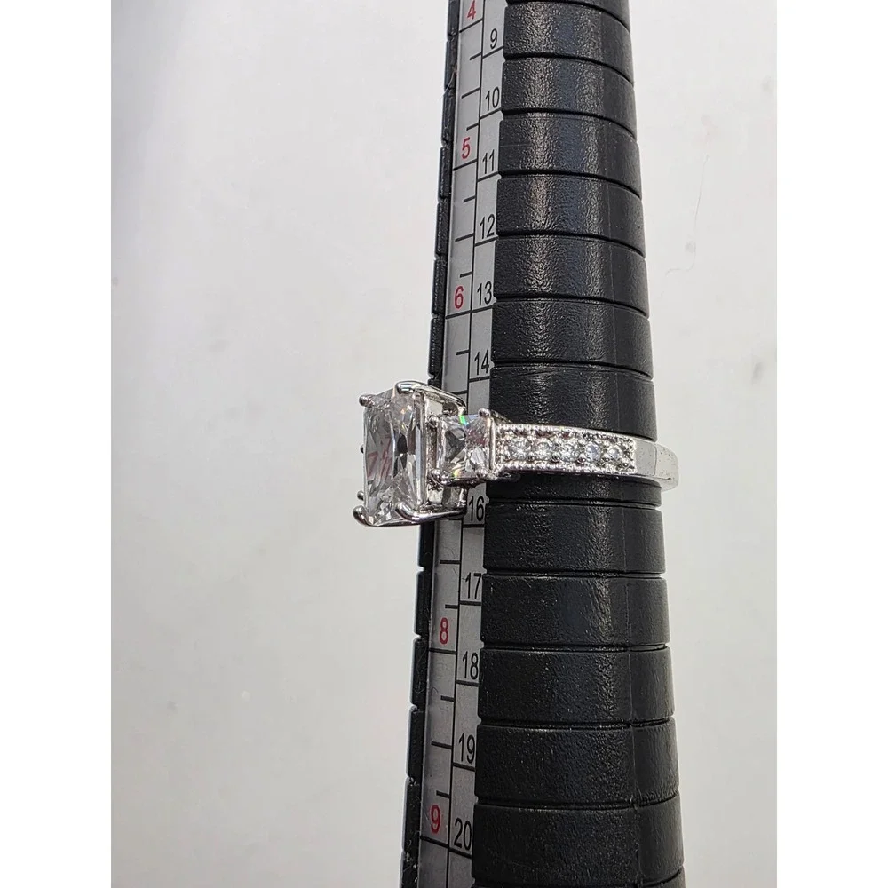 Emerald Cut Three Stone Engagement Ring Silver Tone Size 7.25